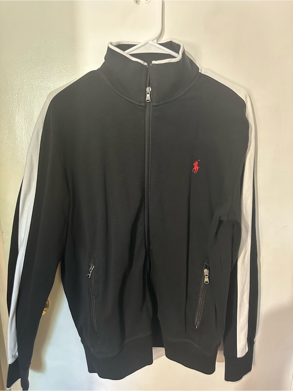 Polo by Ralph Lauren Black Track Jacket with White Sleeve Panels and Red Pony
